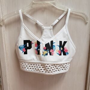 Pink Victoria Secret Ultimate Sports Bra Womens Size S White Front Spell Out
